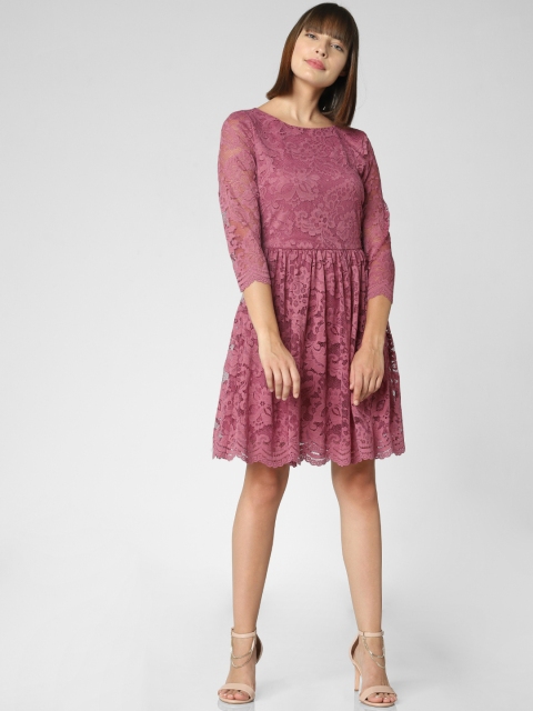 Vero Moda Women Burgundy Self Design Fit and Flare Dress