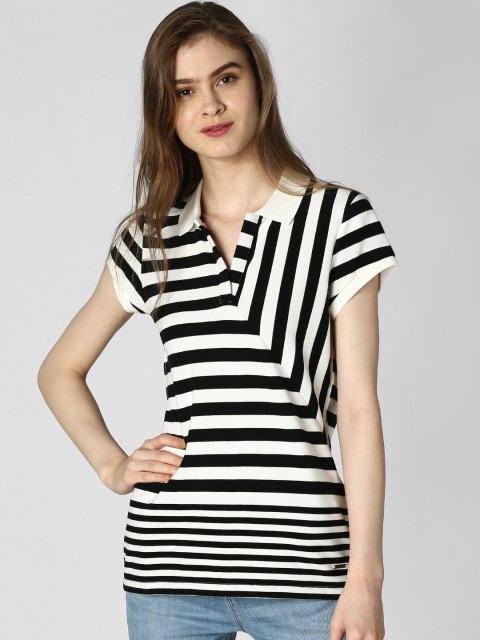 

Vero Moda Women White & Black Striped Polo T-shirt