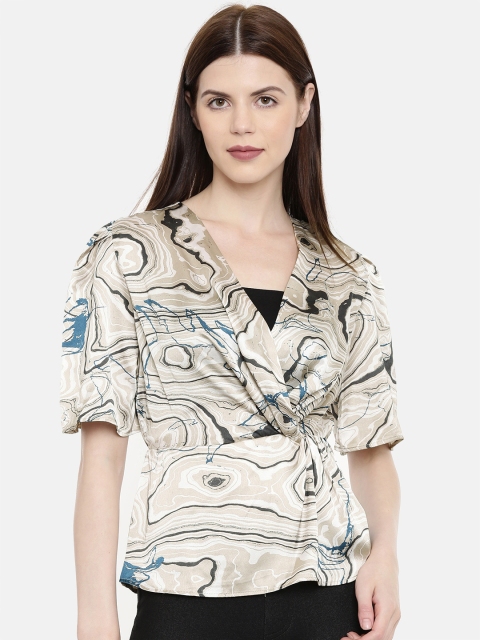 

Vero Moda Women Beige & Black Printed Wrap Top