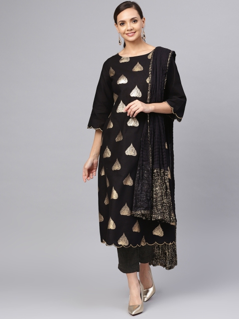 

Biba Women Black & Golden Printed Kurta with Trousers & Dupatta