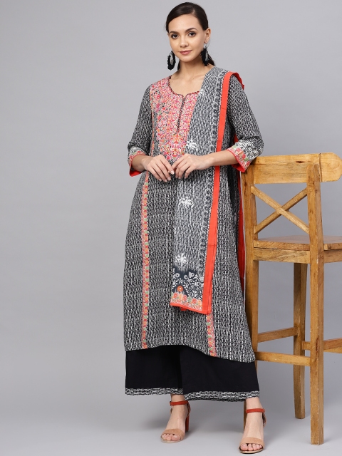 

Biba Women Black & White Printed Kurta with Palazzos & Dupatta