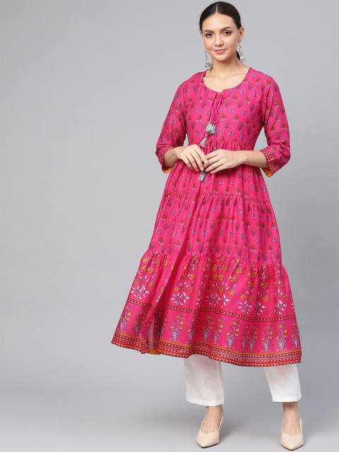 

Biba Women Pink & Blue Printed Tiered Layered A-Line Kurta
