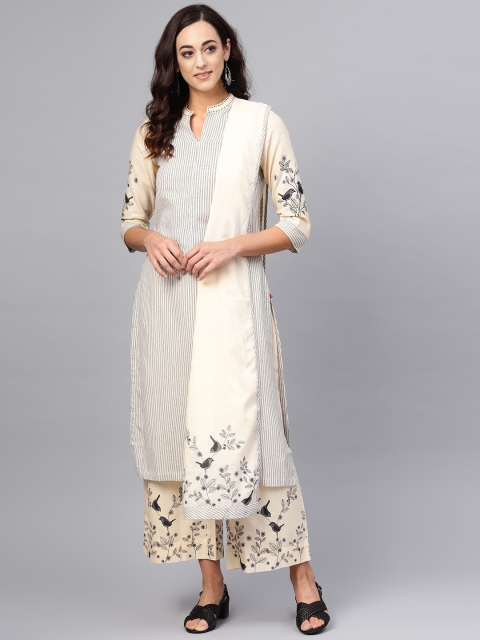 

Biba Women Off-White & Grey Striped Kurta with Palazzos & Dupatta