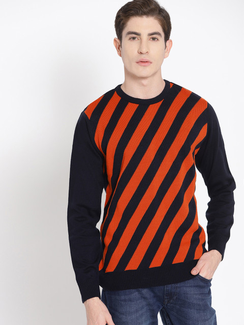 

Harvard Men Navy Blue & Rust Orange Striped Acrylic Sweater
