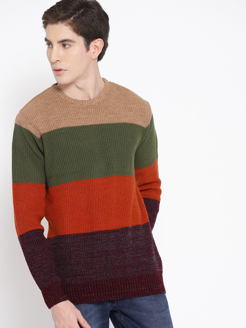 

Harvard Men Green & Rust Orange Colourblocked Sweater