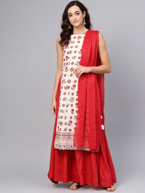 

Biba Women Off-White & Red Printed Kurta with Palazzos & Dupatta