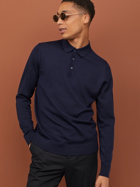 

H&M Men Blue Solid Long-Sleeved Merino Wool Top