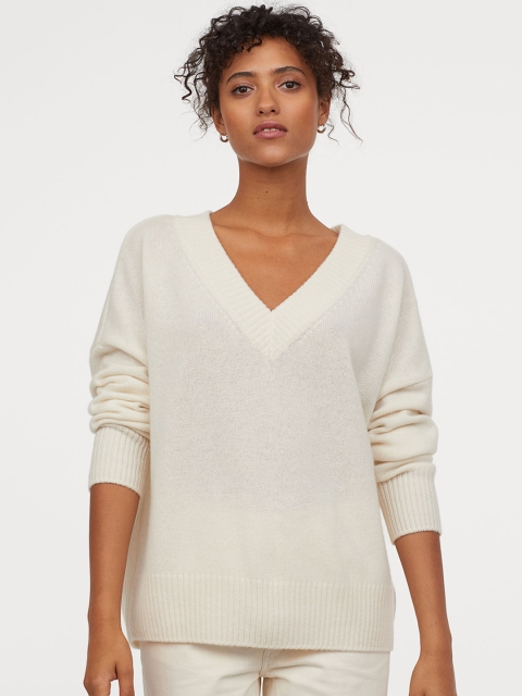 

H&M Women Off-White Solid Fine-Knit Cashmere Jumper