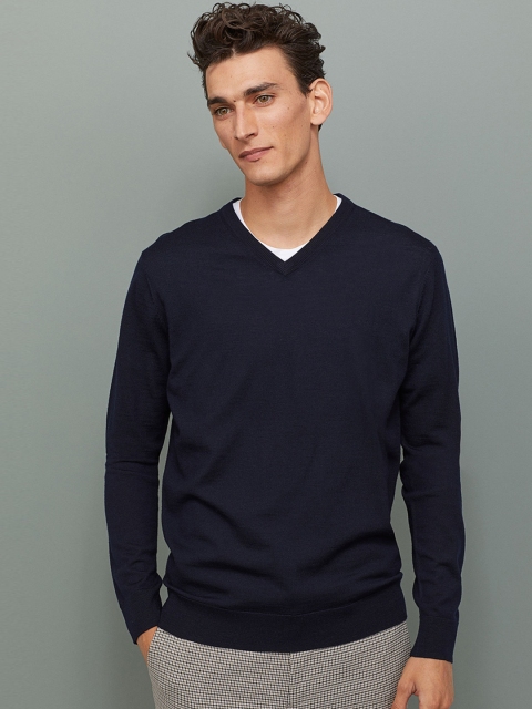 

H&M Men Blue Solid V-neck Merino Wool Jumper