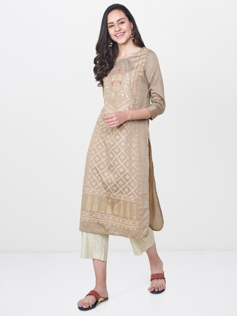 

Global Desi Women Beige Printed Straight Kurta