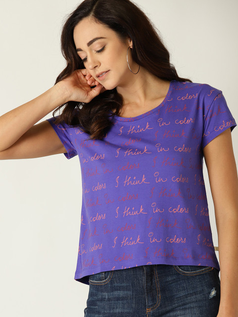 

United Colors of Benetton Women Purple & Pink Printed Round Neck T-shirt