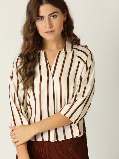 

United Colors of Benetton Women Cream-Coloured & Brown Knitted Striped Casual Shirt