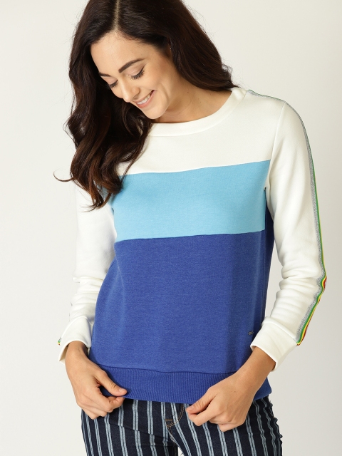 

United Colors of Benetton Women White & Blue Colourblocked Sweatshirt