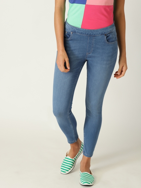 

United Colors of Benetton Women Blue Solid Skinny Fit Washed Cropped Jeggings