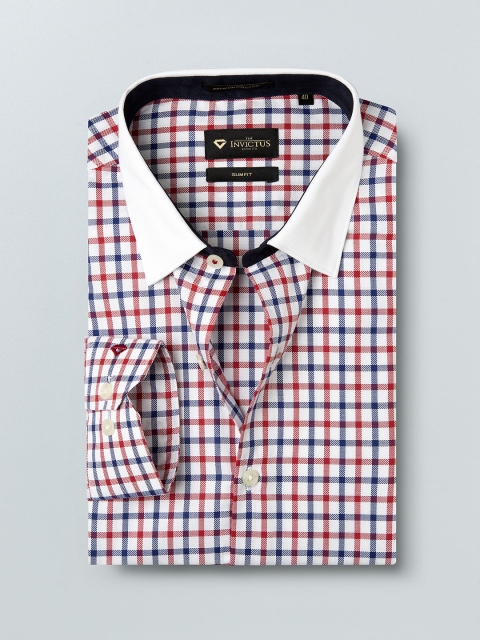 

INVICTUS White & Red Checked Slim Formal Shirt
