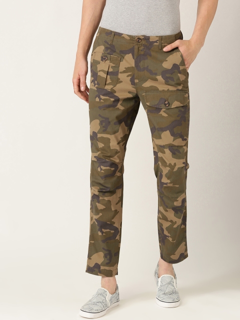 

United Colors of Benetton Men Olive Green & Brown Slim Fit Camouflage Print Cargos