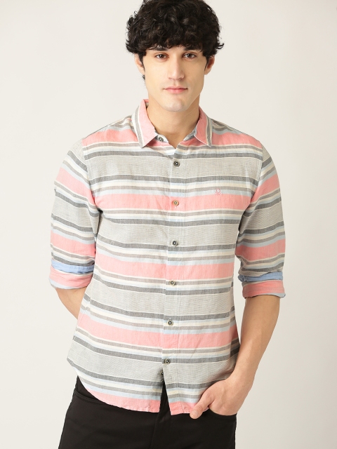 

United Colors of Benetton Men Grey & Pink Slim Fit Striped Casual Shirt