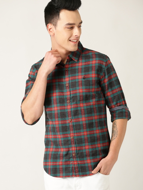 

United Colors of Benetton Men Charcoal Grey & Red Slim Fit Checked Casual Shirt