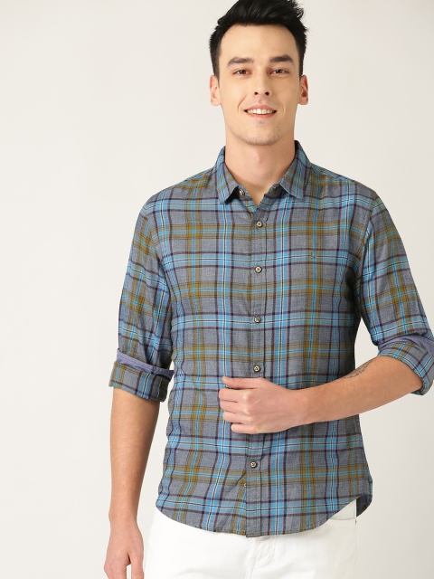 

United Colors of Benetton Men Blue & Grey Slim Fit Checked Casual Shirt