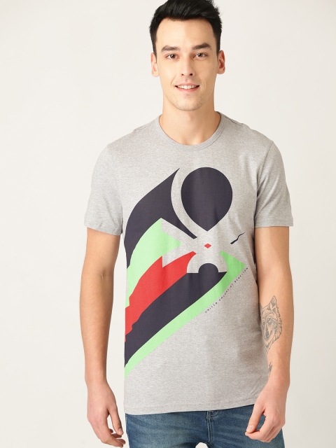 

United Colors of Benetton Men Grey Melange & Black Printed Round Neck T-shirt