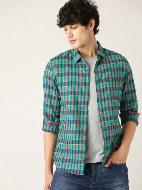 

United Colors of Benetton Men Green & Blue Slim Fit Checked Casual Shirt