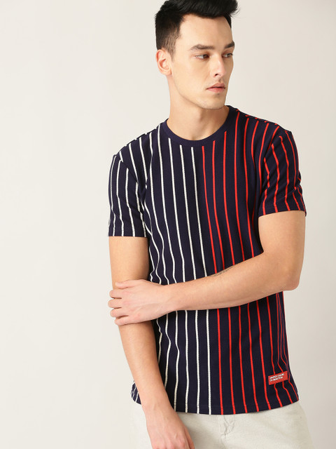 

United Colors of Benetton Men Navy Blue & Red Striped Round Neck T-shirt