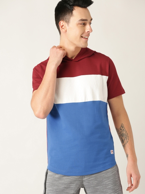 

United Colors of Benetton Men Maroon & Blue Colourblocked Hooded T-shirt