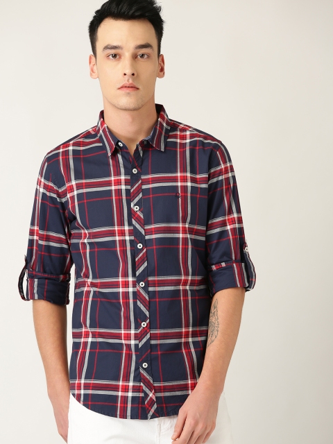 

United Colors of Benetton Men Navy Blue & Red Slim Fit Checked Casual Shirt