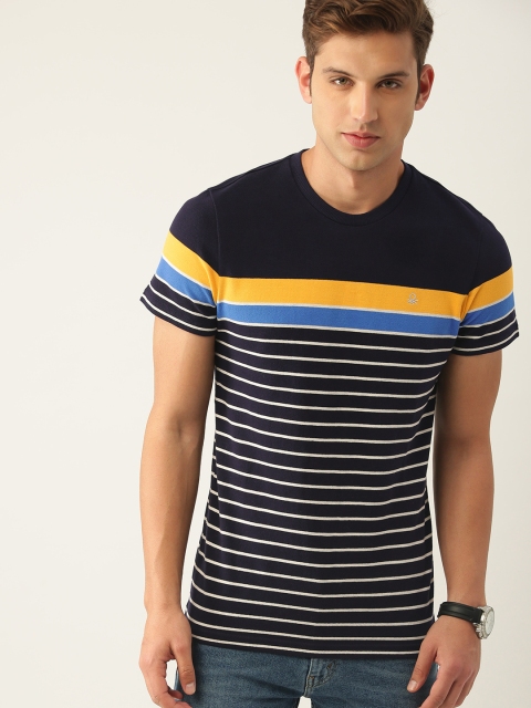 

United Colors of Benetton Men Navy Blue & White Striped Round Neck T-shirt