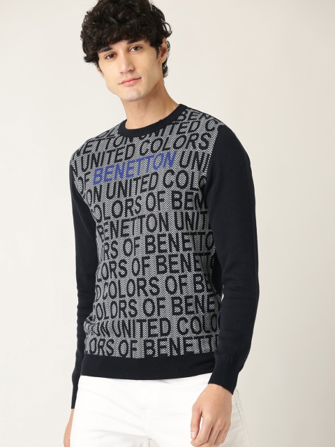 

United Colors of Benetton Men Navy Blue & White Self Design Sweater