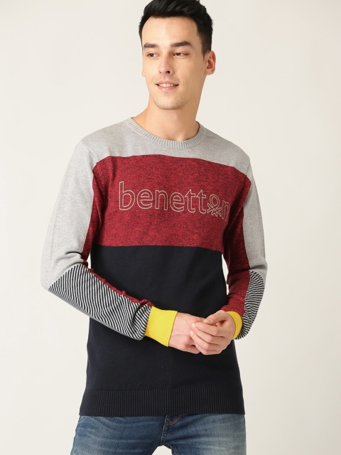 

United Colors of Benetton Men Navy Blue & Red Colourblocked Sweater