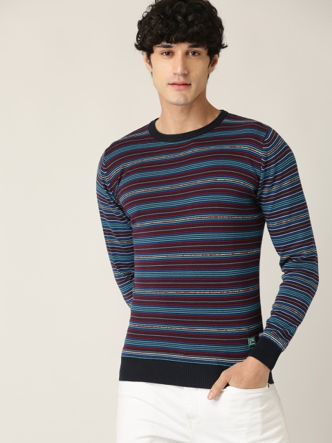 

United Colors of Benetton Men Blue & Maroon Striped Sweater