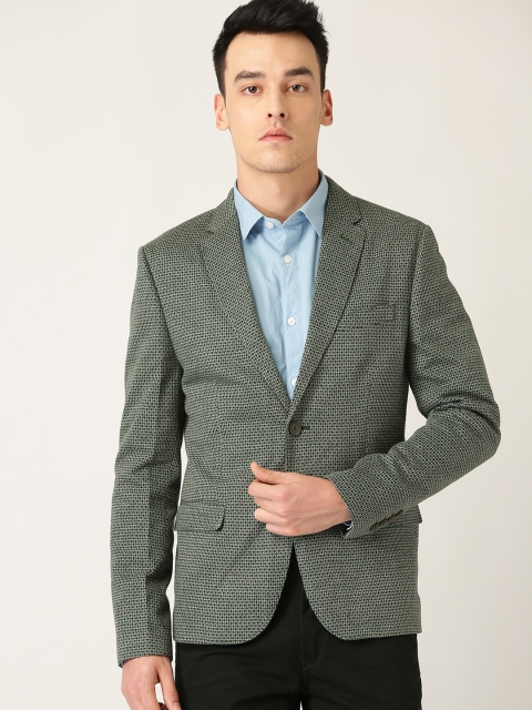 

United Colors of Benetton Men Green And Grey Self Design Single-Breasted Casual Blazer