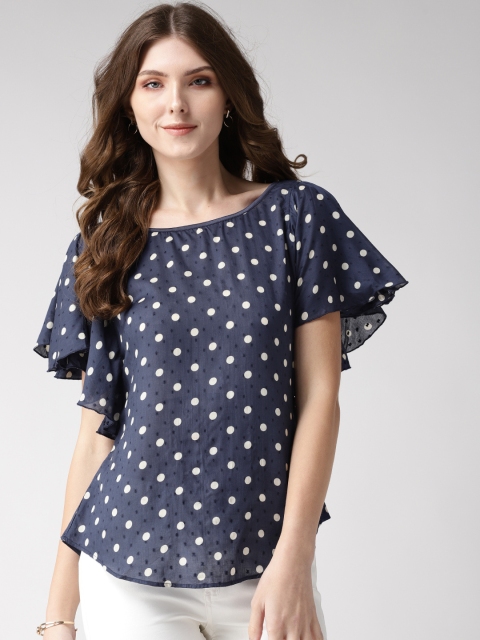 

Taurus Women Navy Blue & White Polka Dot Print Top