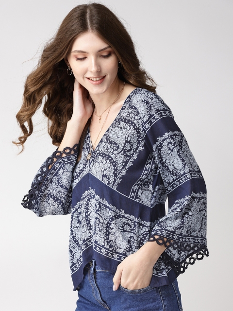 

Taurus Women Navy Blue & White Printed High-Low Top