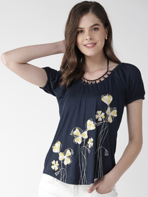 

Taurus Women Navy Blue & Yellow Embroidered Top