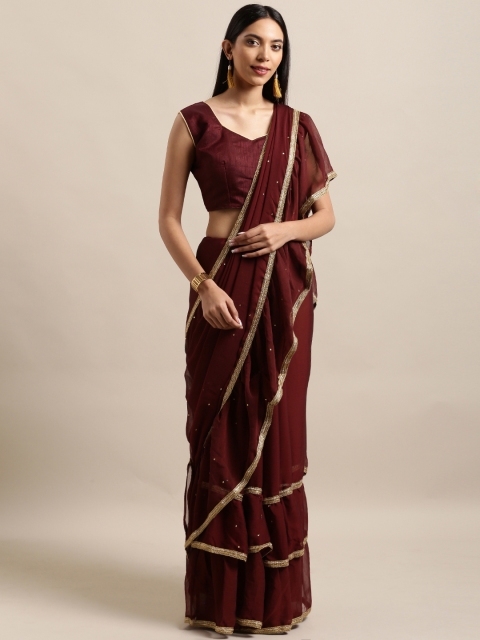 

Aasvaa Maroon Solid Poly Chiffon Ruffle Saree