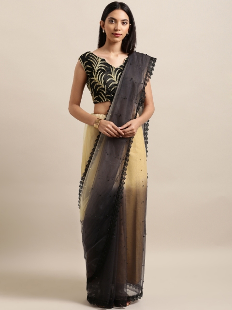 

Aasvaa Black & Beige Net Dyed Embellished Saree