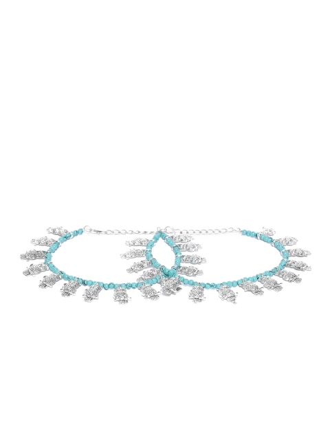 

Priyaasi Set of 2 Sea Green Silver-Plated German Silver Oxidised Owl Shaped Beaded Anklets