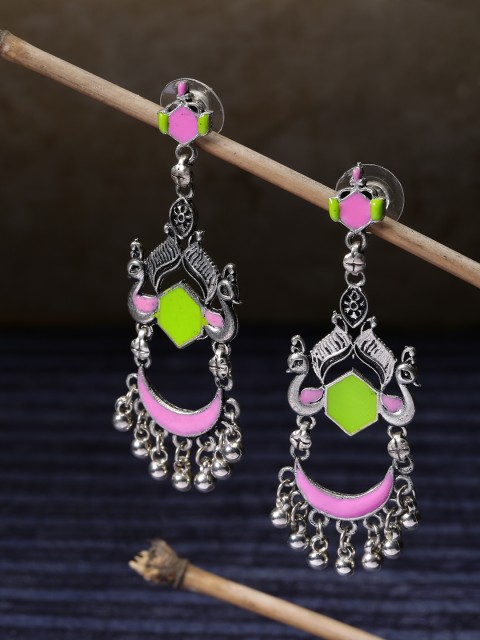 

Priyaasi Green & Pink Oxidised Silver-Plated Enamelled Peacock-Shaped Drop Earrings