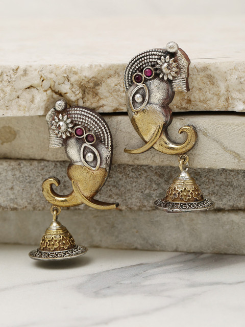 

Priyaasi Oxidised Silver-Toned Antique Gold-Plated Animal Shaped Drop Earrings