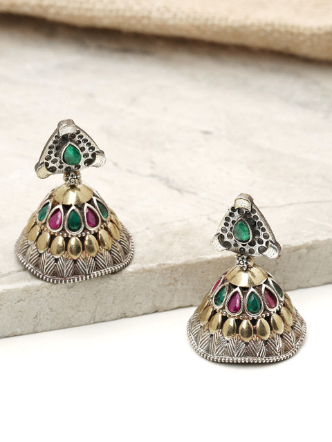 

Priyaasi Green & Oxidised Silver-Toned Antique Gold-Plated Handcrafted Dome Shaped Jhumkas