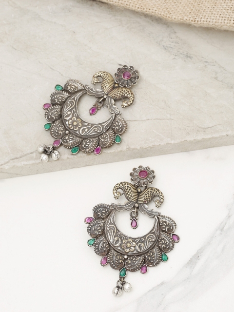 

Priyaasi Charcoal Grey & Green Antique Gold-Plated Peacock Shaped Drop Earrings