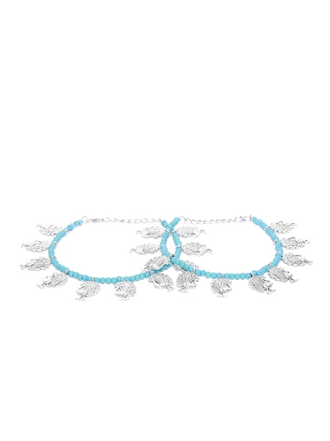 

Priyaasi Set of 2 Blue Silver-Plated German Silver Oxidised Peacock Shaped Anklets