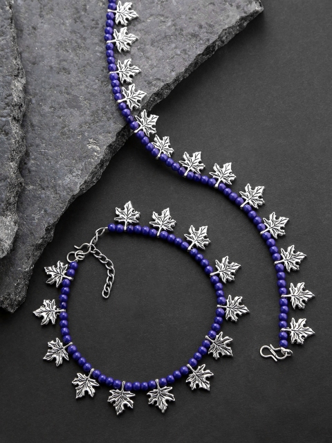 

Priyaasi Set of 2 Navy Blue Silver-Plated German Silver Oxidised Leaf Shaped Anklets