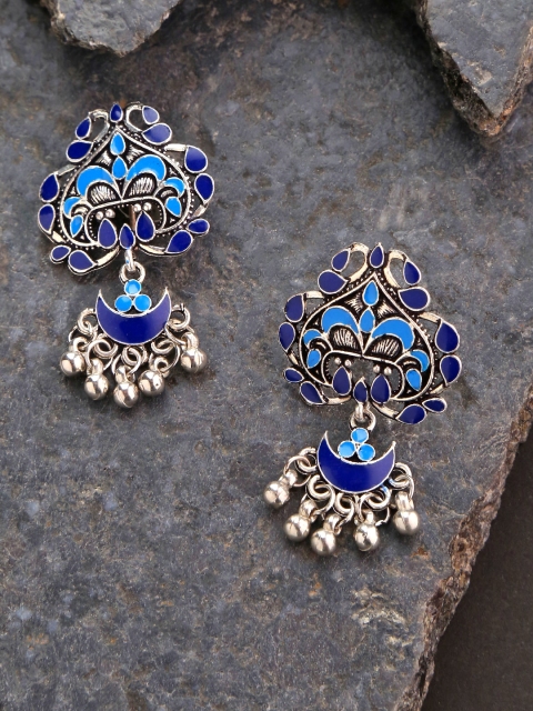 

Priyaasi Navy Oxidised Silver-Plated Enamelled Classic Drop Earrings