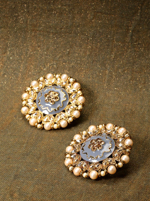 

Priyaasi Grey Gold-Plated Hand-Painted Kundan-Studded Beaded Circular Drop Earrings