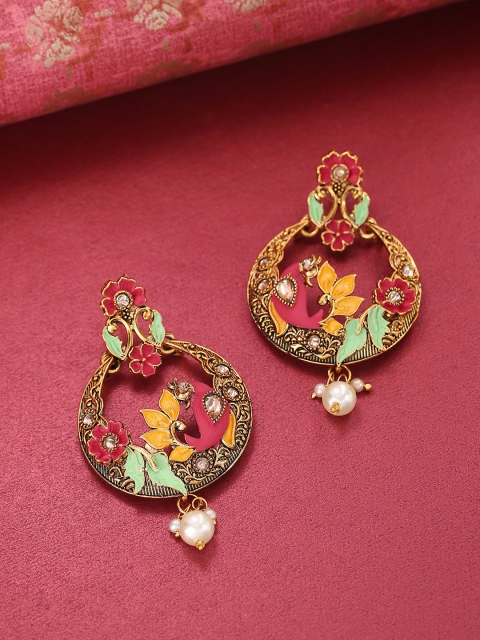 

Priyaasi Maroon & Green Antique Gold-Plated Hand Painted Peacock Shaped Chandbalis