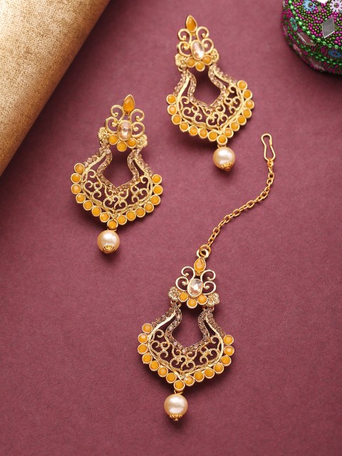 

Priyaasi Yellow Gold-Plated Stone-Studded Handcrafted Maang Tika & Earrings Set