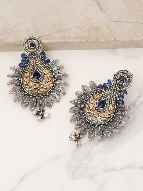 

Priyaasi Antique Gold-Toned & Navy Blue Oxidised Silver-Plated Classic Drop Earrings